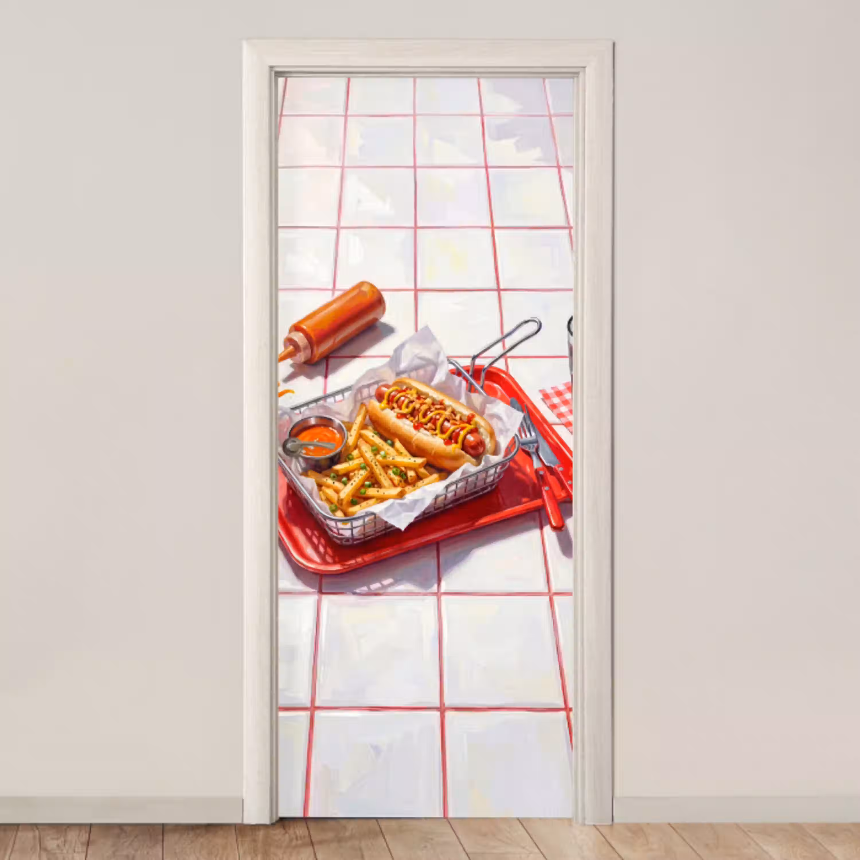 Eten - Hotdog - Fastfood - Modern - Rood deurposter klein -3d_beige