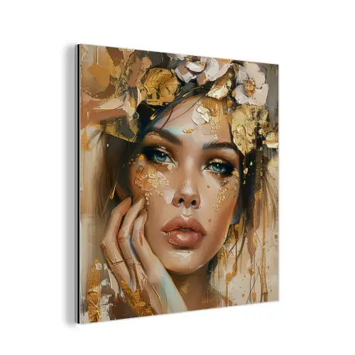 Vrouw - Bloemen  - Goud - Portret aluminium wit klein -3d