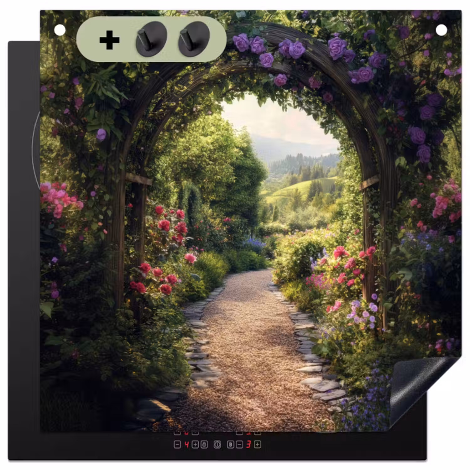 Inductie beschermer en spatscherm (2in1) - Doorkijk - Landschap - Bloemen - Tuinboog - Natuur