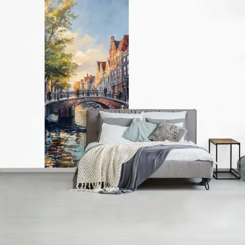 Brug - Stad - Huizen - Boot fotobehang vinyl groot -slaapkamer