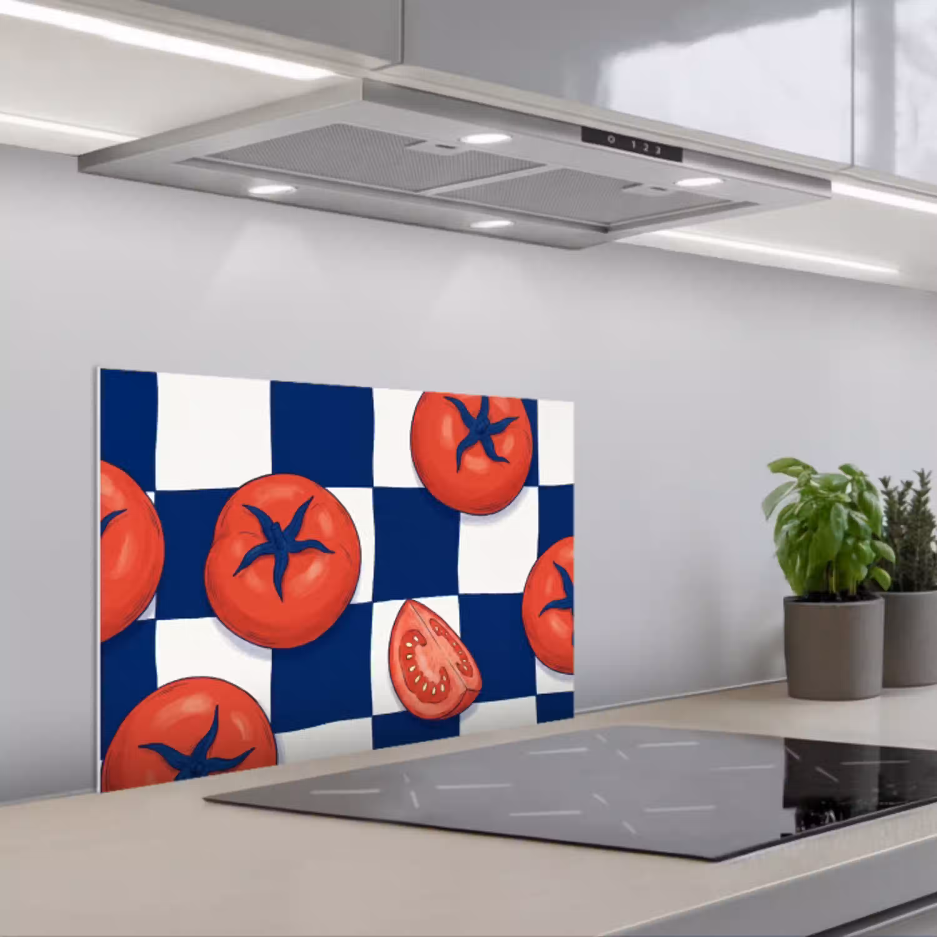 Eten - Tomaten - Keuken - Illustratie - Rood-Blauw keuken achterwand spatscherm klein -3d_schuin