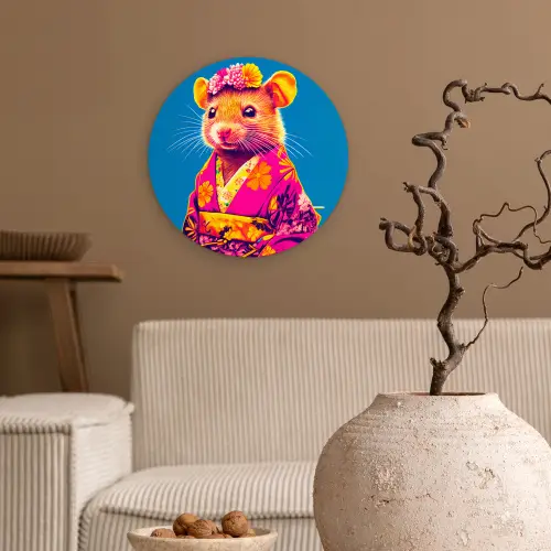 Muis - Kimono - Bloemen - Blauw Wandcirkel plexiglas klein -sfeer1