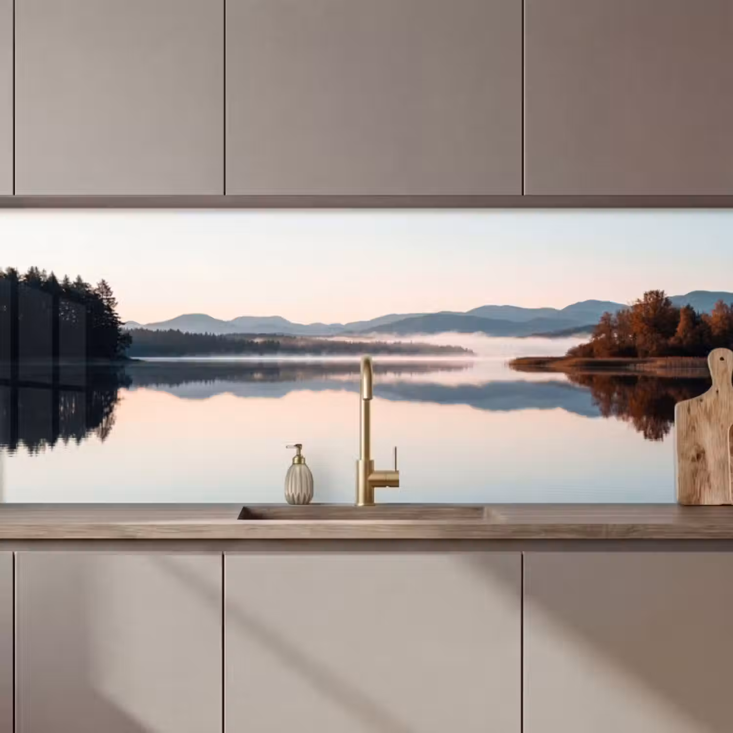 Küchenrückwand - Wasser - Bäume - Nebelschicht