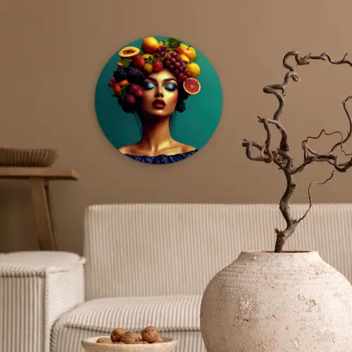 Vrouw - Hoodtooi - Tropisch - Fruit - Druiven Wandcirkel kunststof plaat 5mm dik klein -sfeer1
