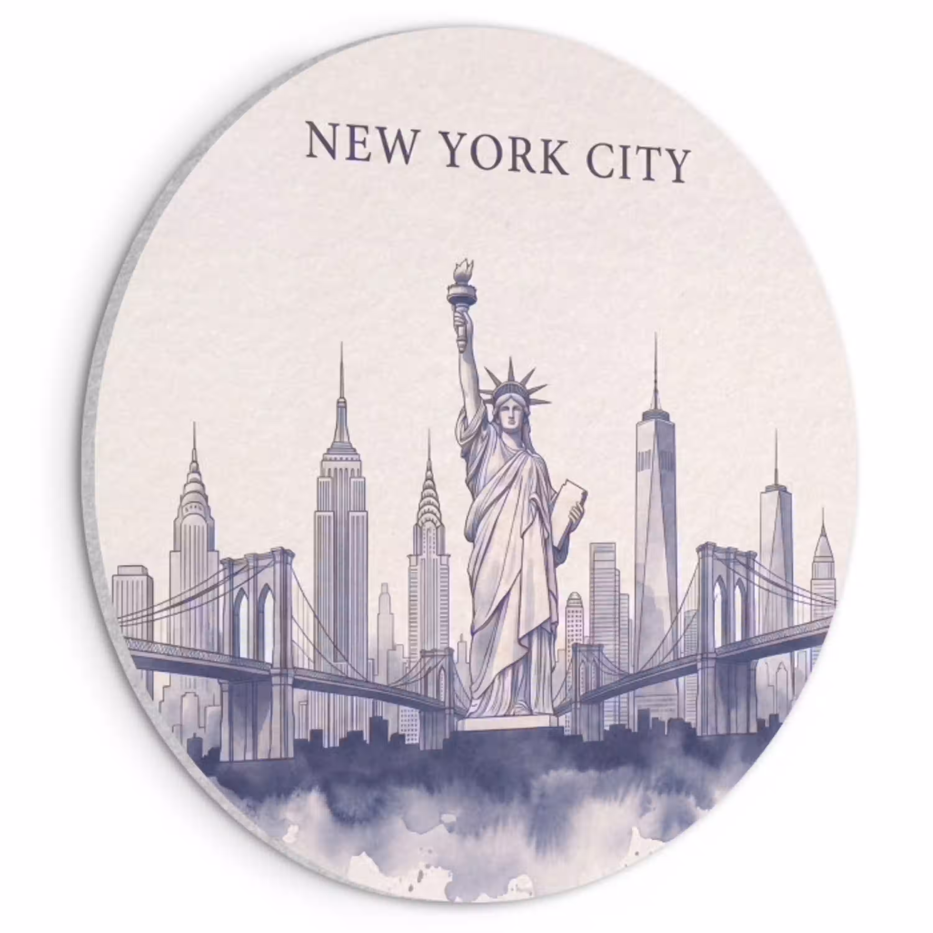 New York - Vrijheidsbeeld - Skyline - Illustratie - Blauw Akoestische PET Vilt - Rond klein -3d
