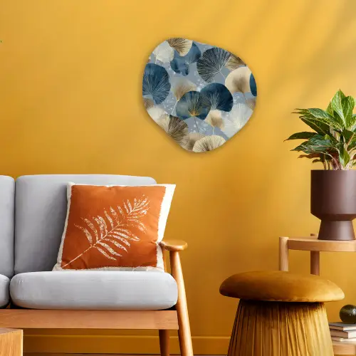 Bladeren - Abstract - Goud - Blauw Wandcirkel Organisch Forex 3mm klein -sfeer4