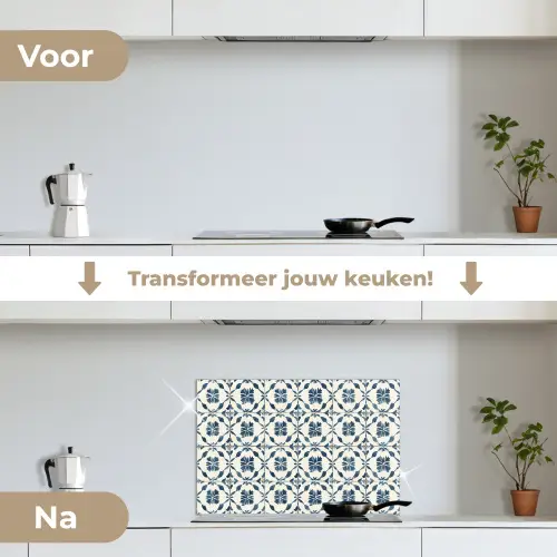 Grafisch - Tegel - Blauw keuken achterwand spatscherm klein 900 -voor_na_NL