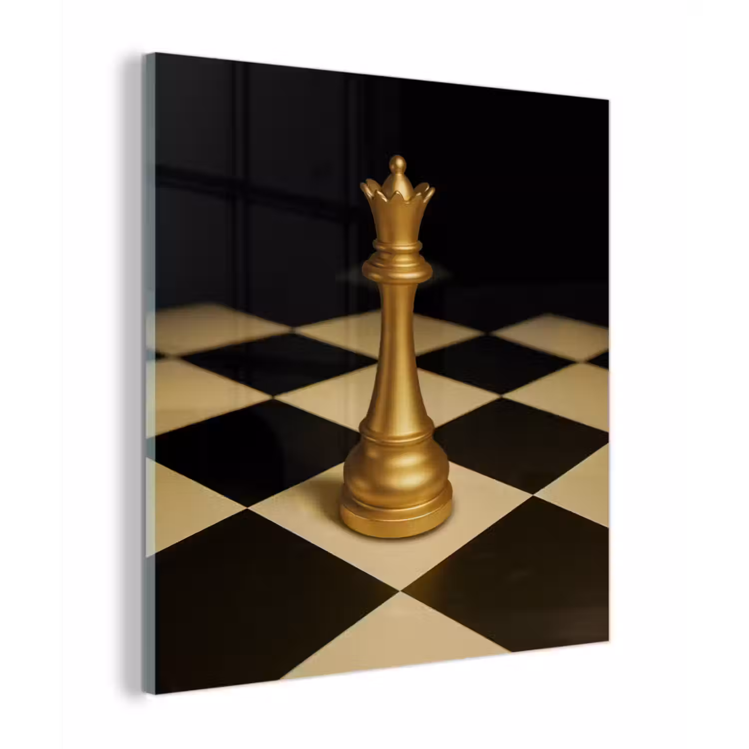 Glas schilderij - Koningin - Schaakstuk - Geblokt - Goud
