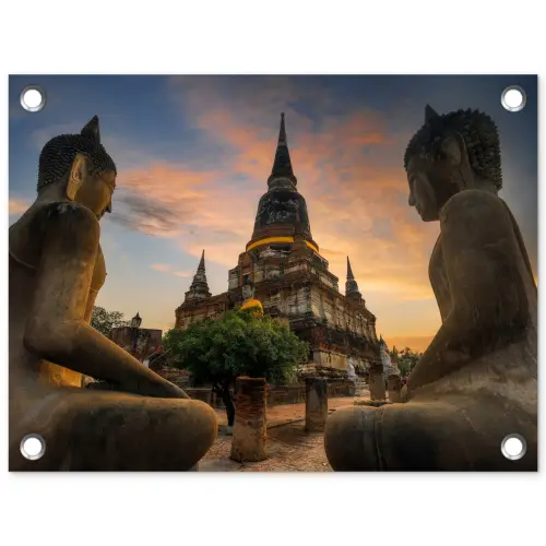 Tempel - Zonsondergang - Boeddha beelden - Buddha tuinposter los doek klein -3d