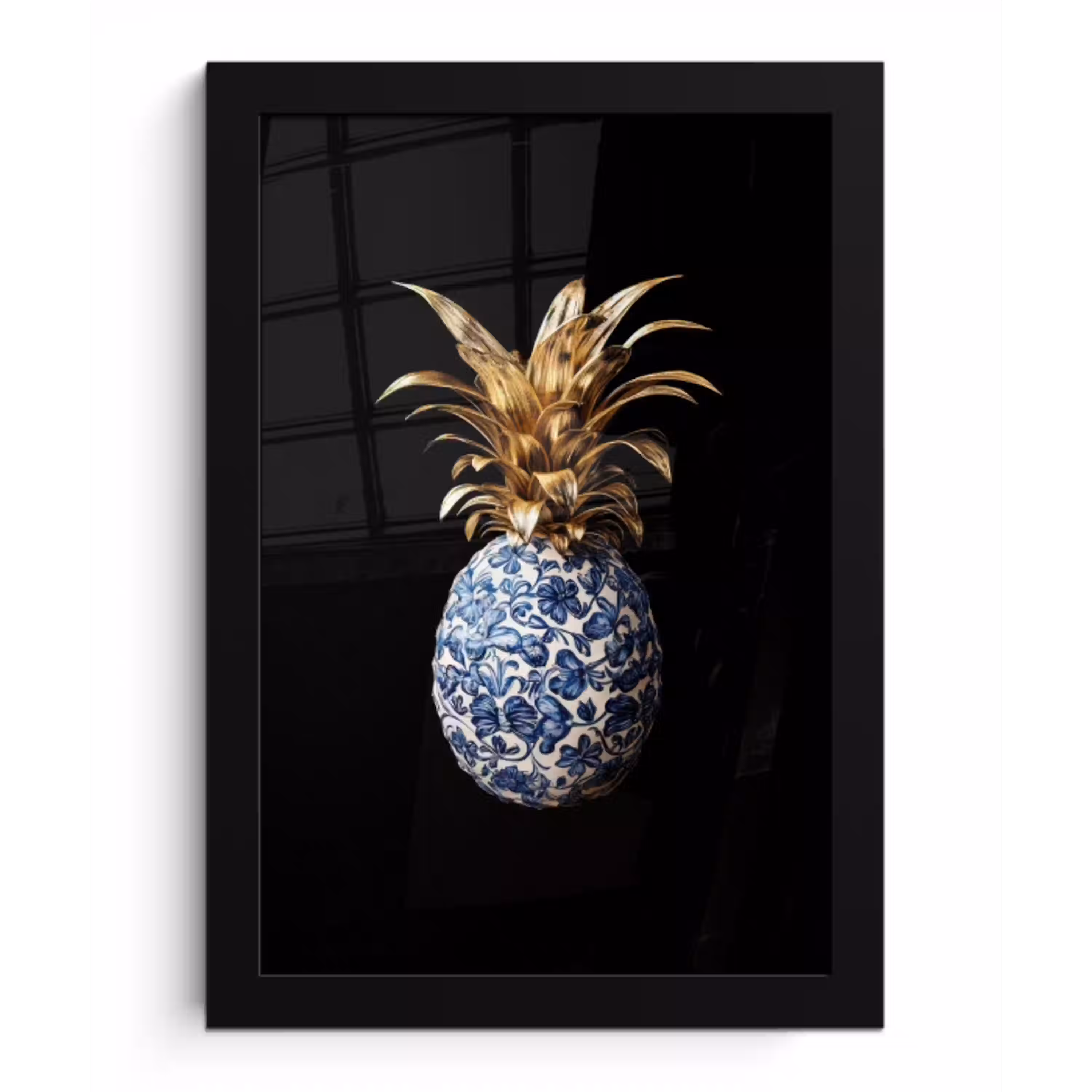 Ananas - Bloemen patroon - Goud - Delftsblauw fotolijst zwart zonder passe partout klein -3d