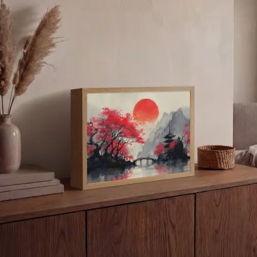 Rode zon - Rivier - brug - Bomen Light Box met batterij (Wandlamp) middel -sfeer2