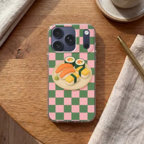 Sushi - Bord - Geblokt - Groen Telefoonhoesje iPhone 17 Pro klein -sfeer1