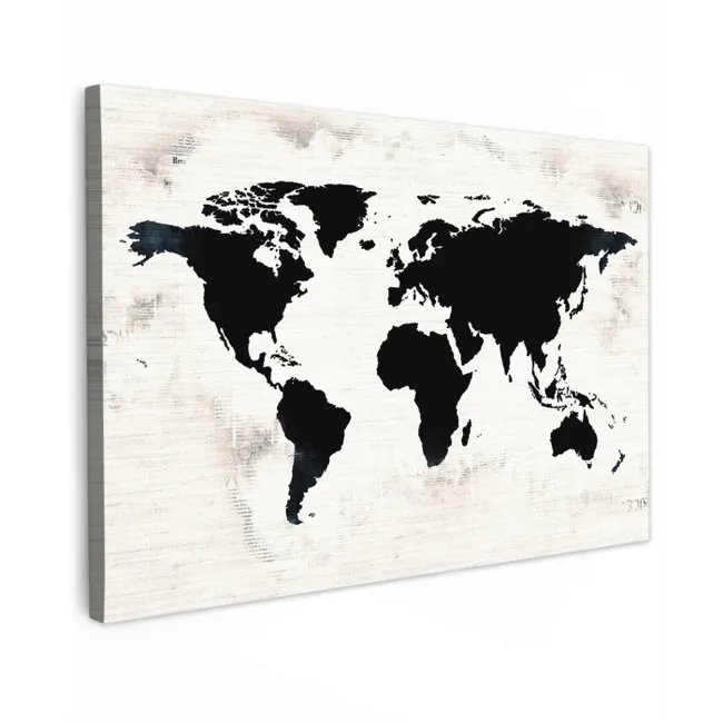 Wereldkaart - Zwart - Hout canvas 2cm klein -z3d