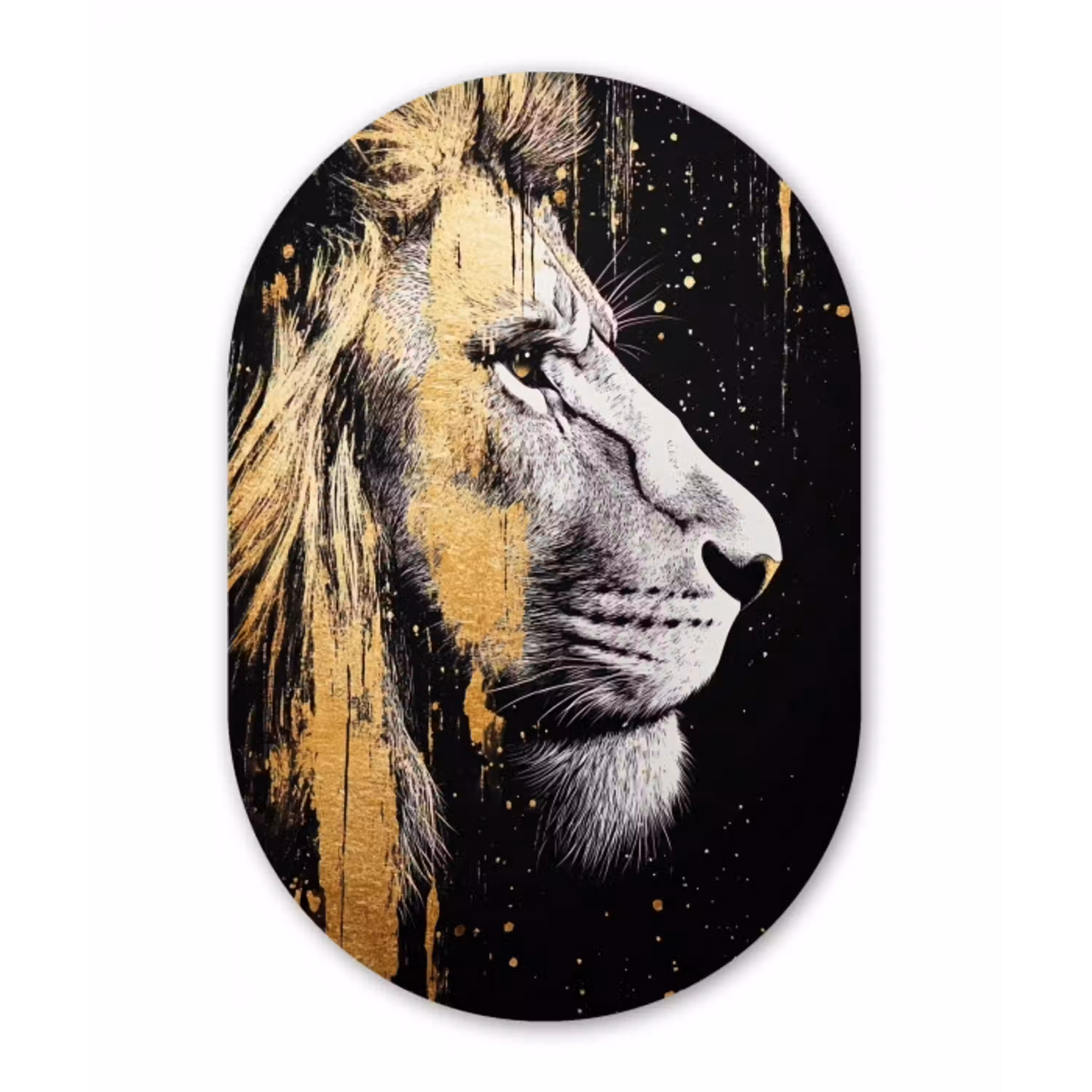 Portret - Leeuw - Abstract - Goud Wandcirkel Ovaal Aluminium middel -3d