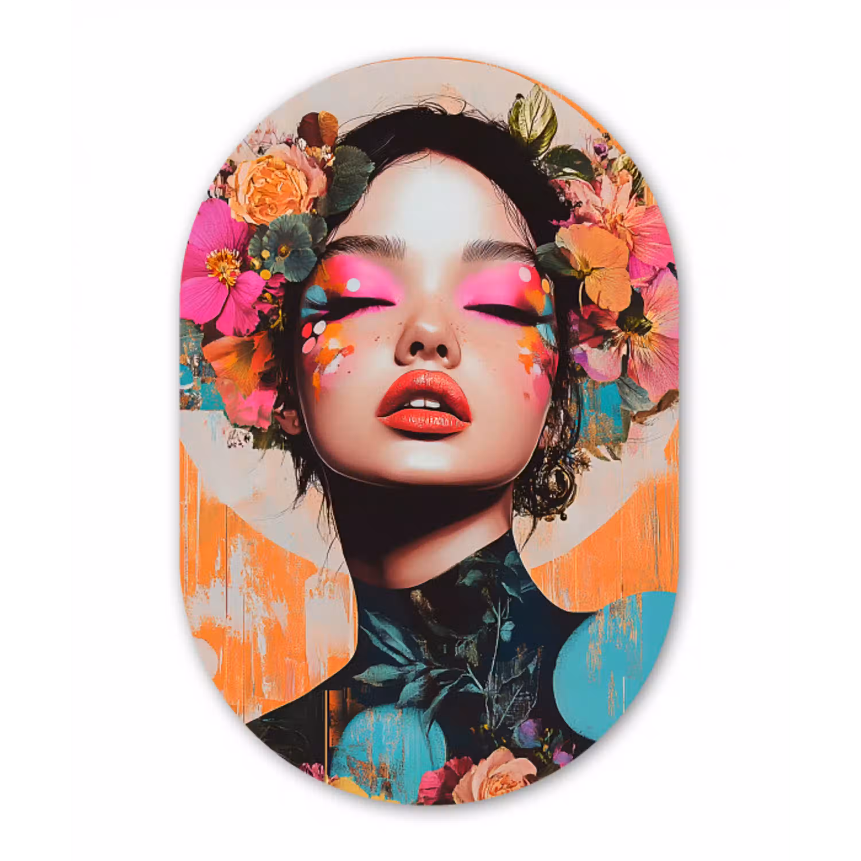 Portret - Vrouw - Abstract - Bloemen Wandcirkel Ovaal Aluminium middel -3d