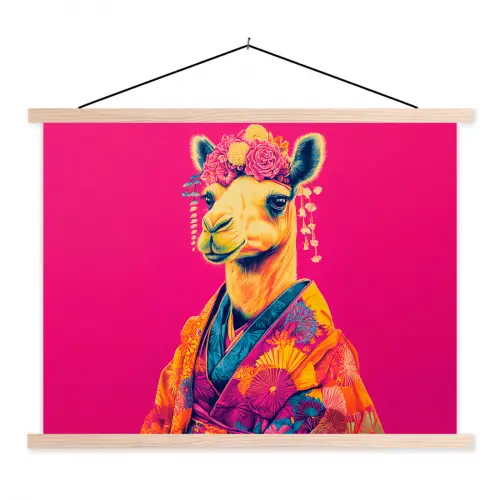 Kameel - Bloemen - Kimono - Waaiers textielposter latten blank klein -3d