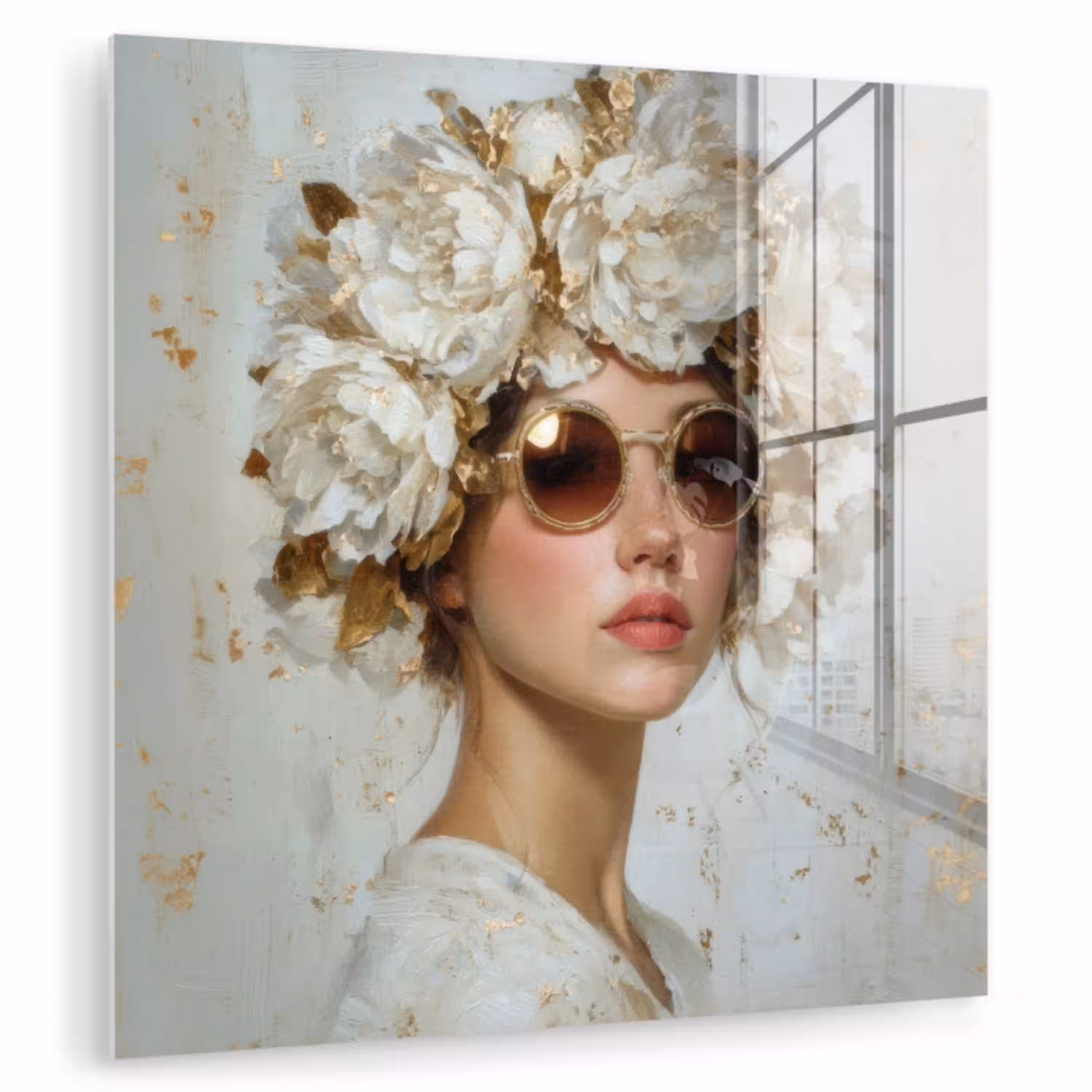 Schilderij - Vrouw - Zonnebril - Bloemenkrans plexiglas 5mm klein -zzzproduct_nieuw
