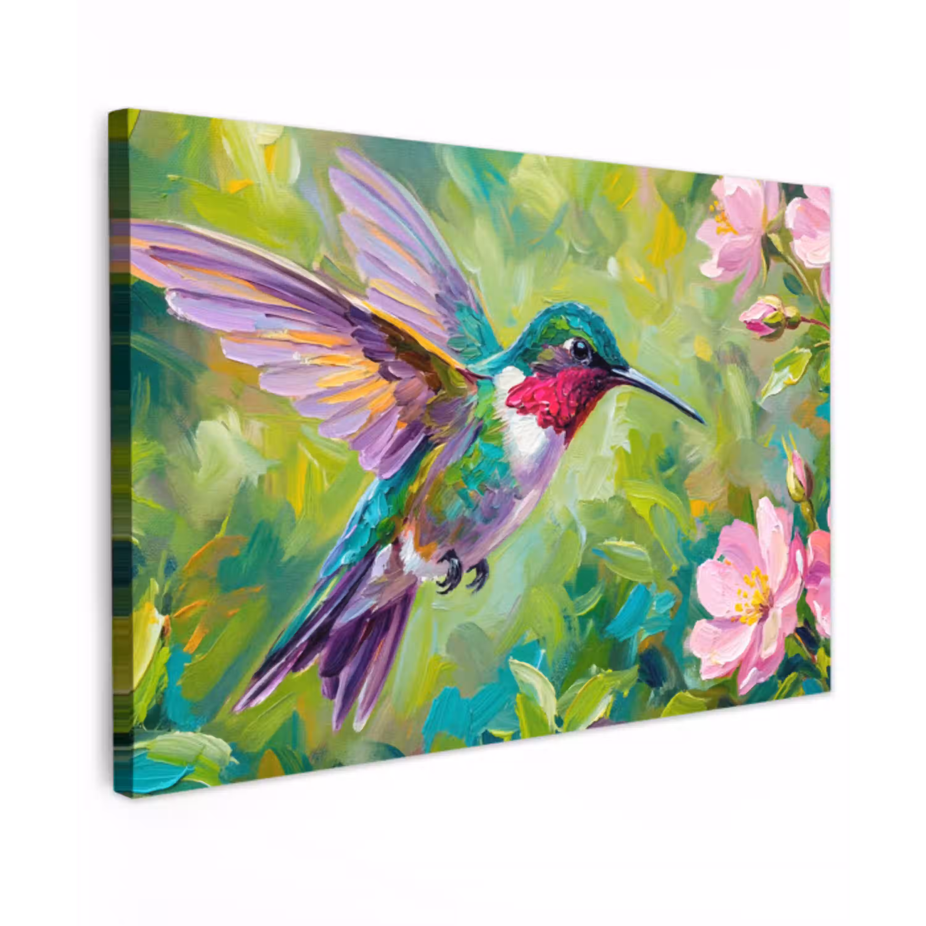 Kolibrie - Bloemen - Natuur - Kleurrijk Tuinposter op houten frame 2 cm dik klein -3d