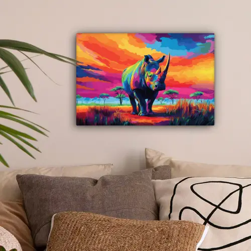 Neushoorn - Zonsondergang - Savanna - Kleurrijk canvas 2cm klein -sfeer1