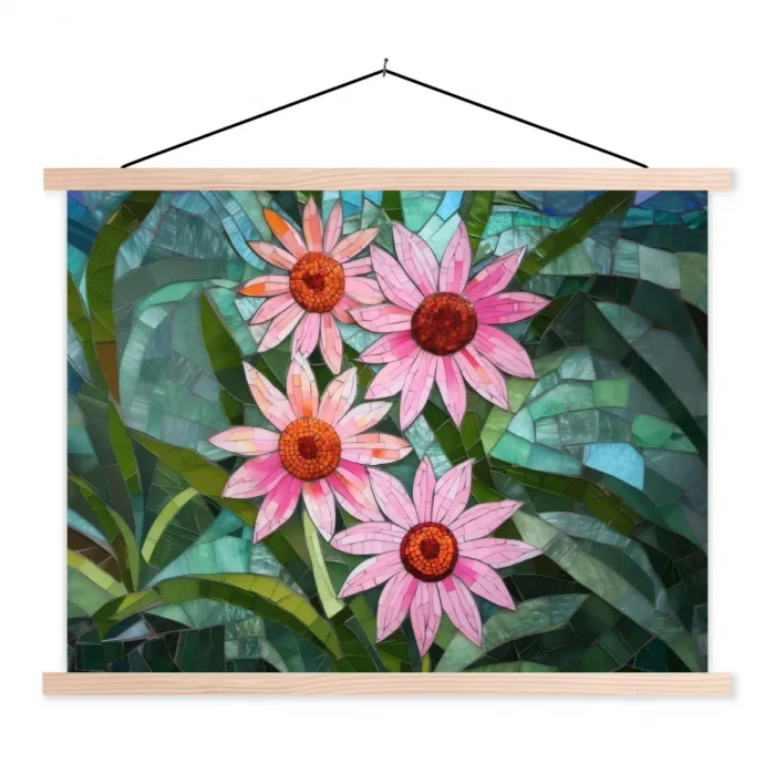 Bloemen - Roze - Glasmozaïek textielposter latten blank klein -3d