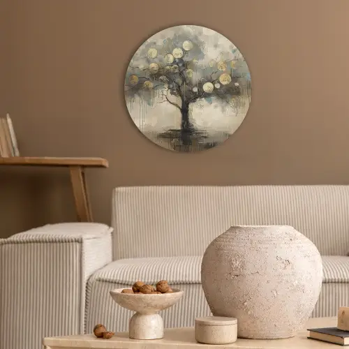 Beige - Abstract - Boom - Goud Akoestische PET Vilt - Rond klein -sfeer1