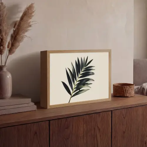 Palmblad - Subtiel - Groen - beige Light Box met batterij (Wandlamp) middel -sfeer2