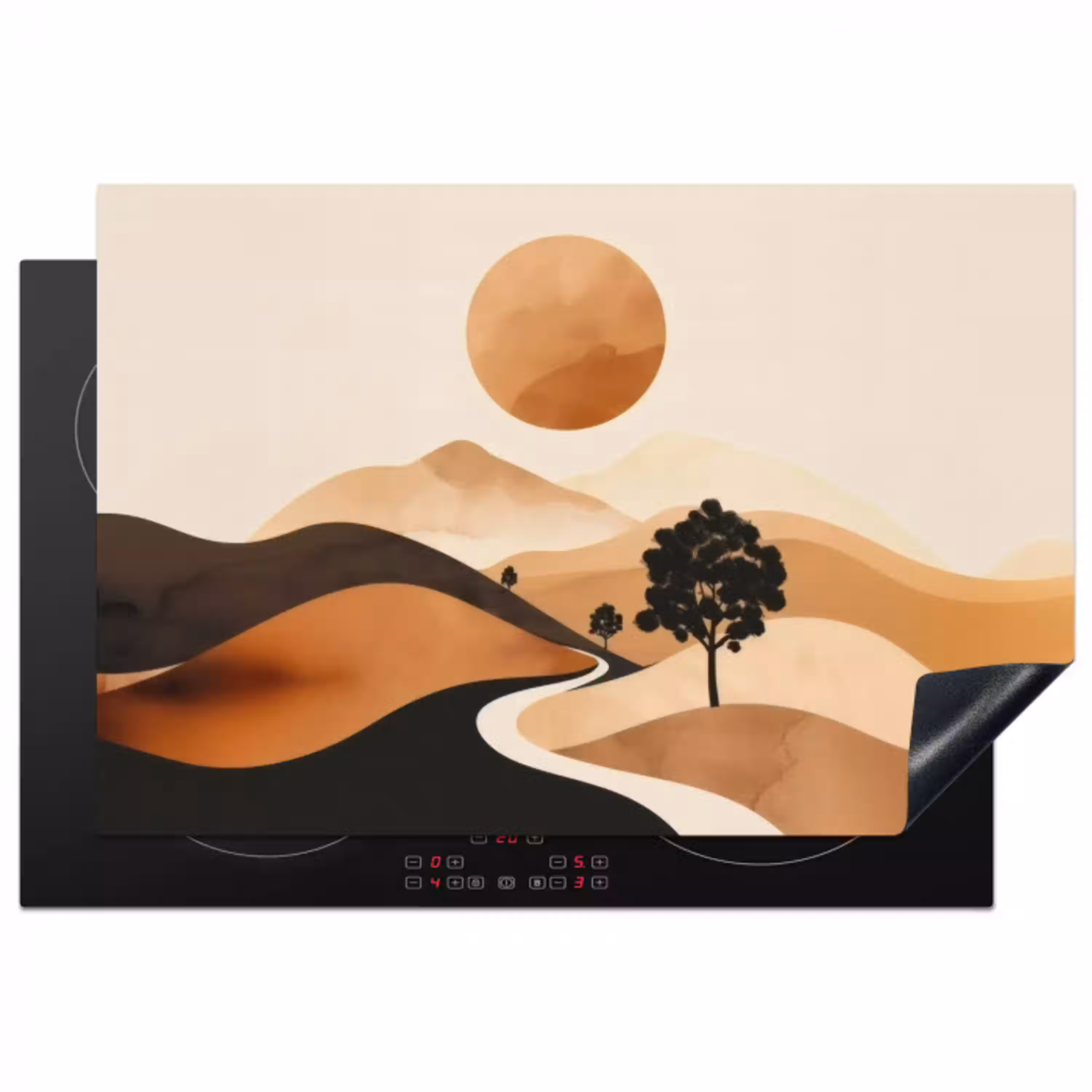 Zon - Heuvels - Boom - Abstract Inductie beschermer vinyl 3mm klein -3d