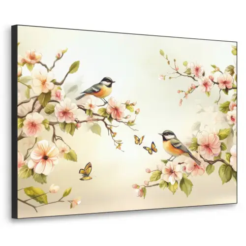 Takken - Bloemen - Vogeltjes - Roze Textielframe zwart klein -3d