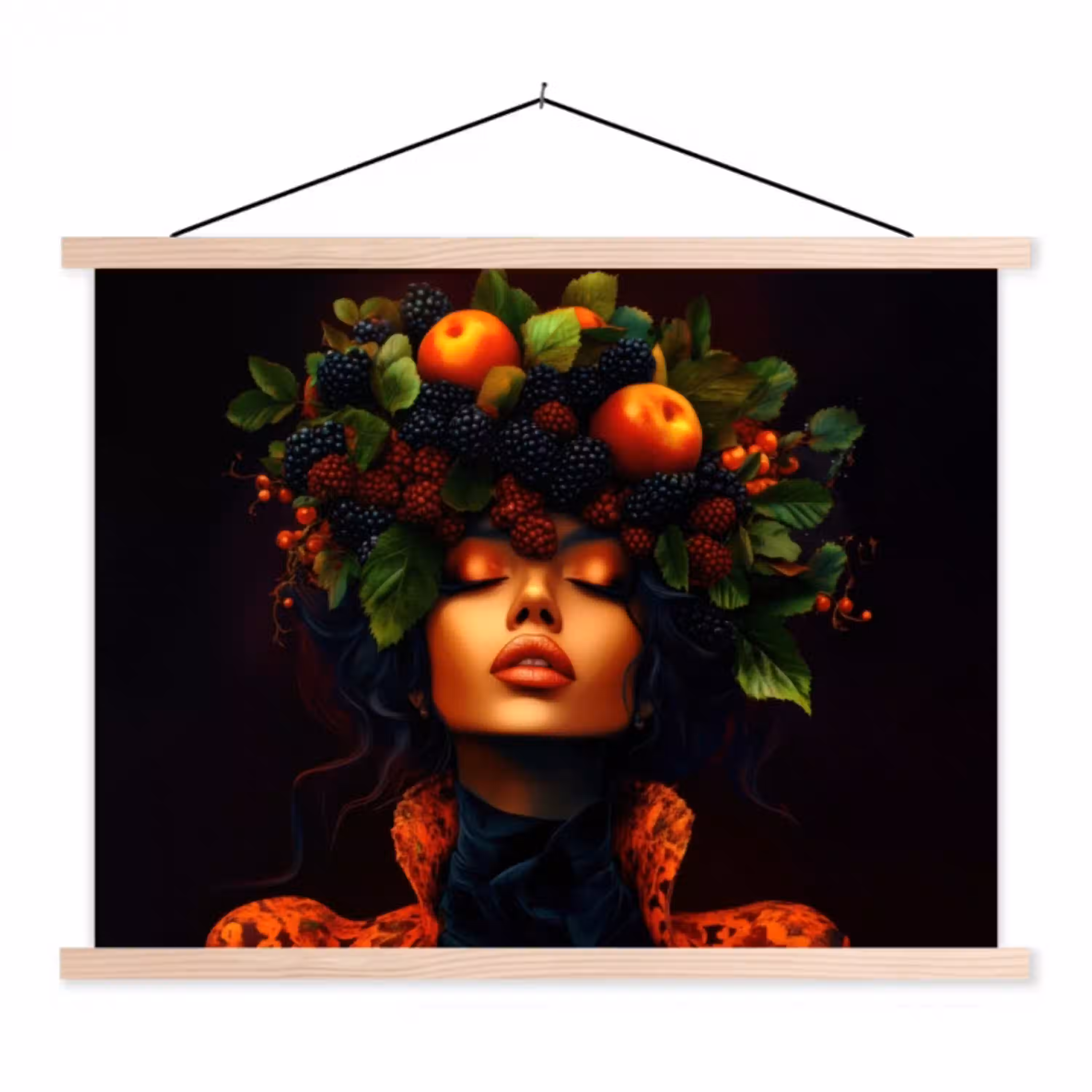 Vrouw - Zwart - Bessen - Bramen - Appels textielposter latten blank klein -3d