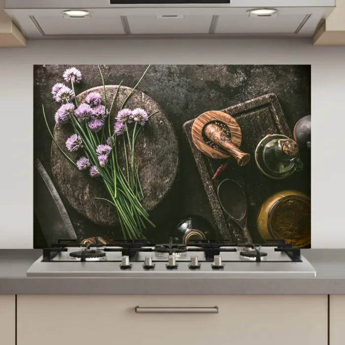 Bieslook Bloesem en Antieke Keukenwaren keuken achterwand spatscherm klein -3d_website