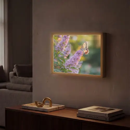 Sierlijke - Vlinder - Paarse - Bloemen Light Box met batterij (Wandlamp) middel -sfeer1