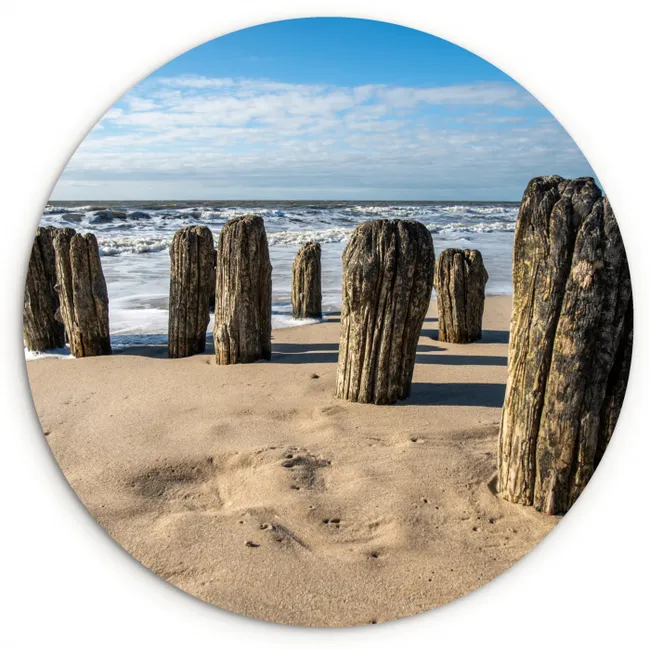 Zand - Strand - Paal - Water - Zomer Wandcirkel kunststof plaat 5mm dik klein -3d
