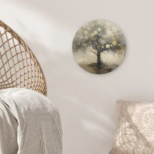Beige - Abstract - Boom - Goud Akoestische PET Vilt - Rond klein -sfeer4