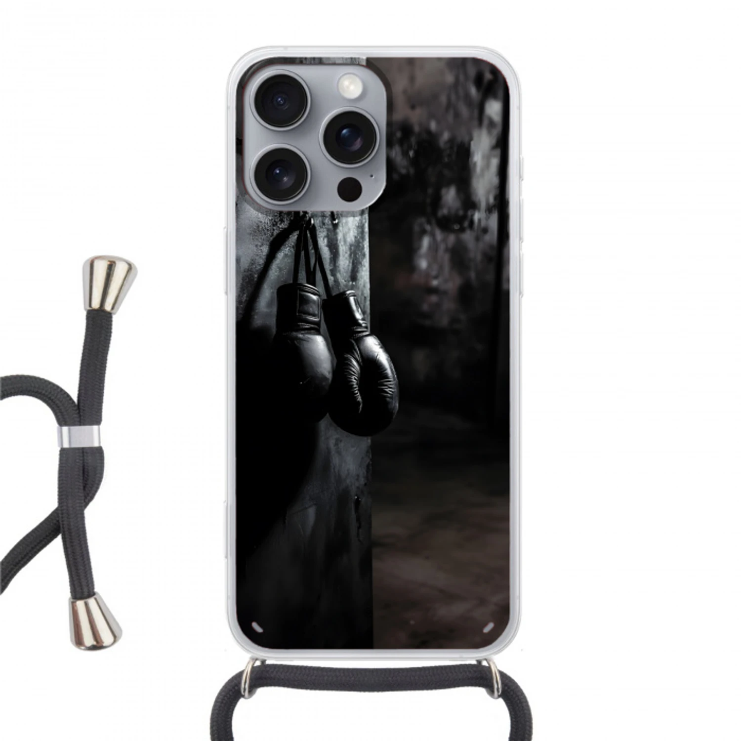 Bokshandschoenen - Muur - Duister - Zwart Hoesje iPhone 16 Pro Max met koord klein -3d