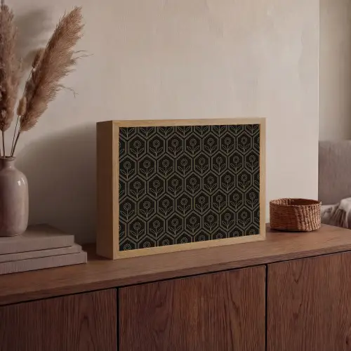 Zeshoek - Zwart - Goud - Bloem Light Box met batterij (Wandlamp) middel 907 -sfeer2
