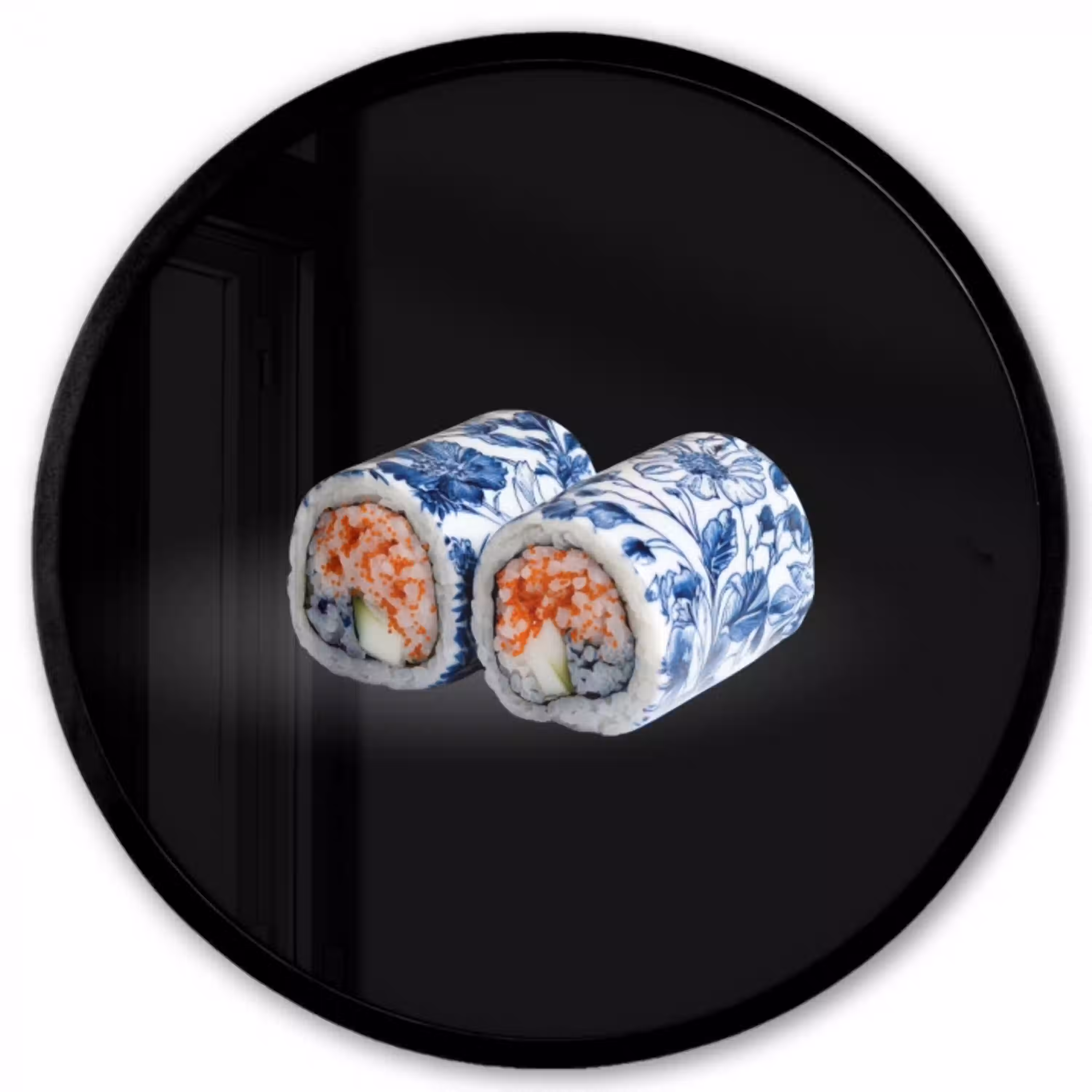Sushi - Delfts blauw - Rijst - Vis - Elegant Fotolijst rond zonder passe partout klein -3d