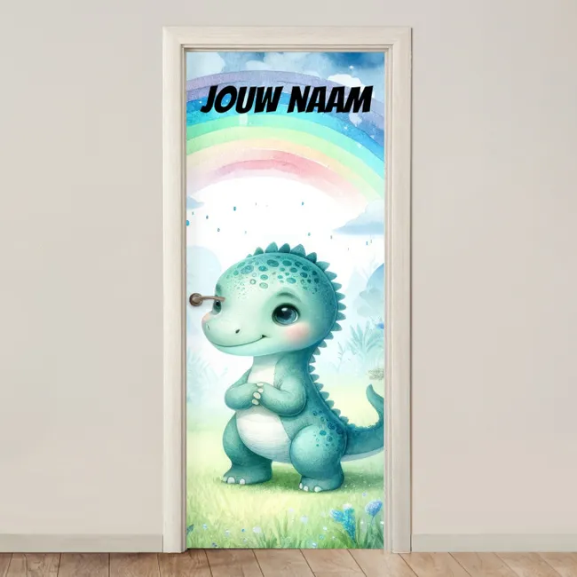 Deursticker met naam - Dinosaurus - Regenboog - Groen