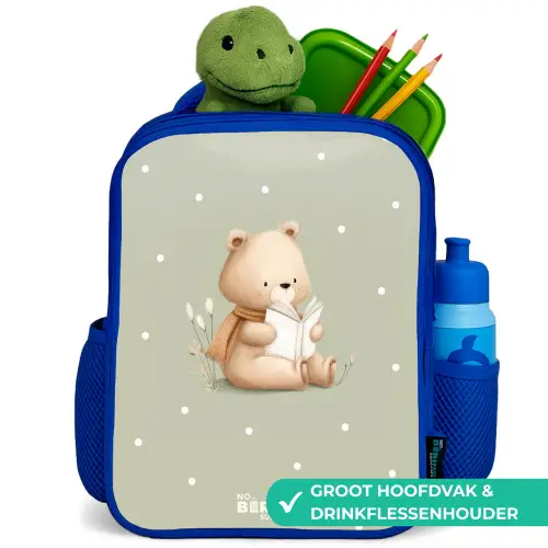 Een bruine beer die een boek leest - Groen Kinderrugzak - Blauw middel -inhoud_NL