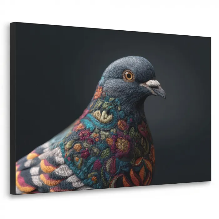 Duif - Bloemen - Zwart Textielframe - compleet frame klein -3d