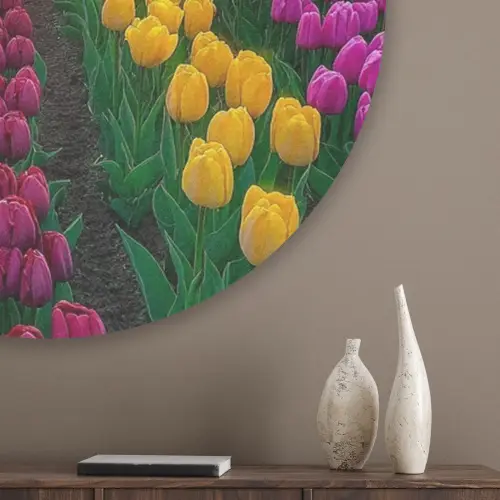 Tulpenveld - Zonsondergang - Kleurrijk Akoestische PET Vilt - Rond klein -sfeer5_closeup