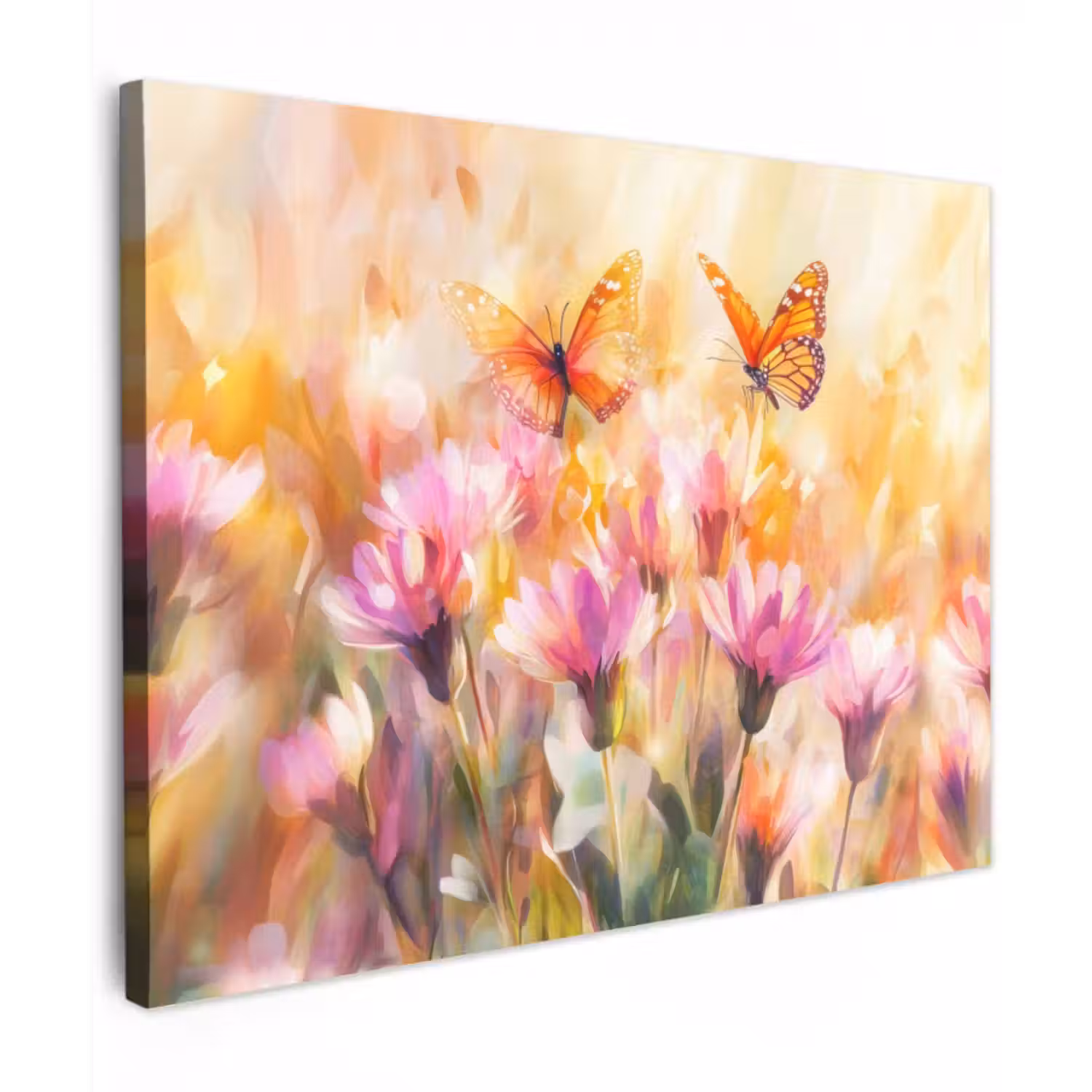 Canvas schilderij - Vlinders - Oranje - Bloemen