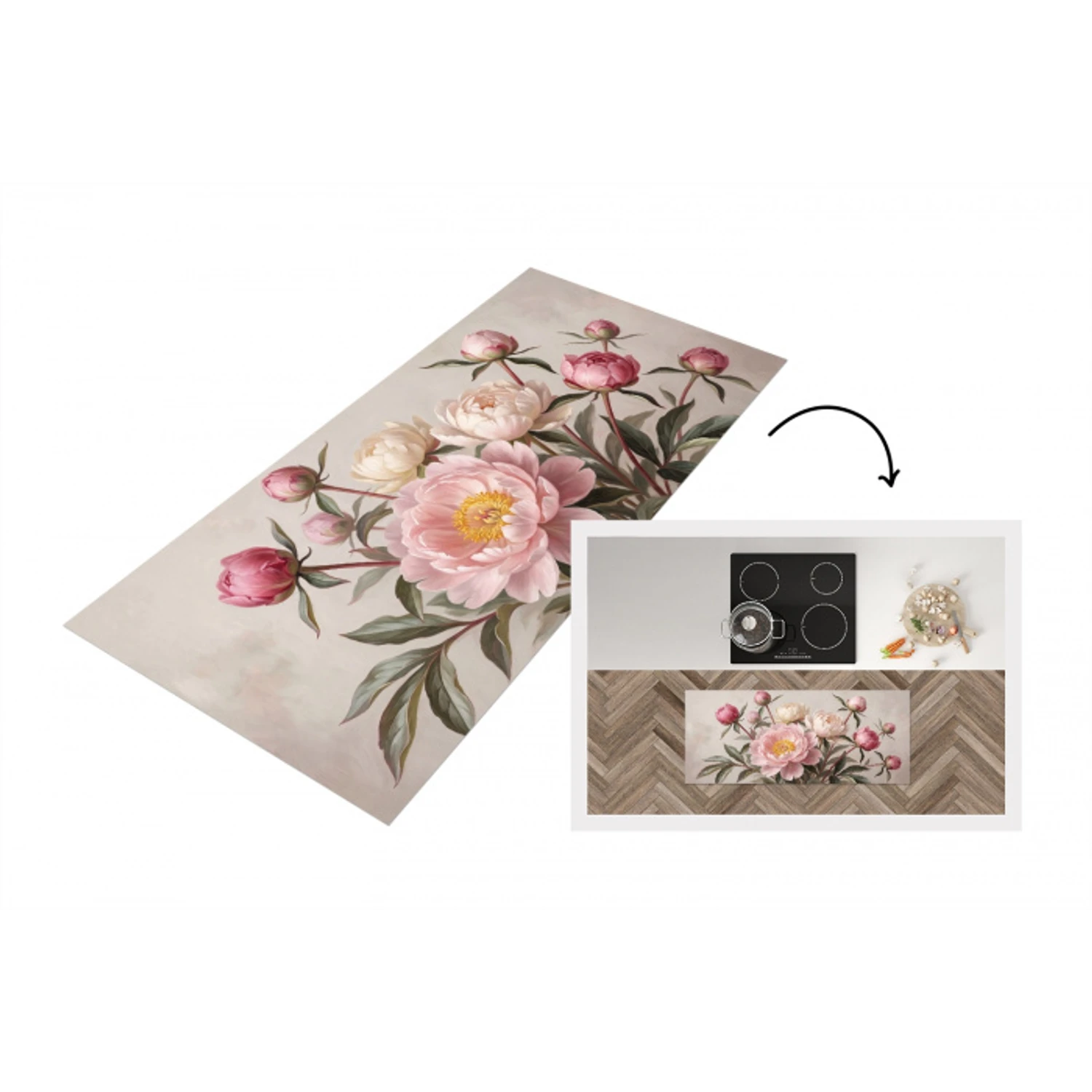 Pioenrozen - Boeket - Roze Keukenloper - keukenmat middel -3d