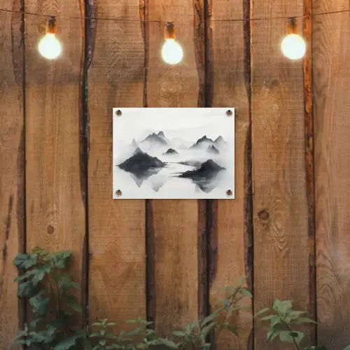 Bergen - Mistig - Water - Wit tuinposter los doek klein -sfeer1