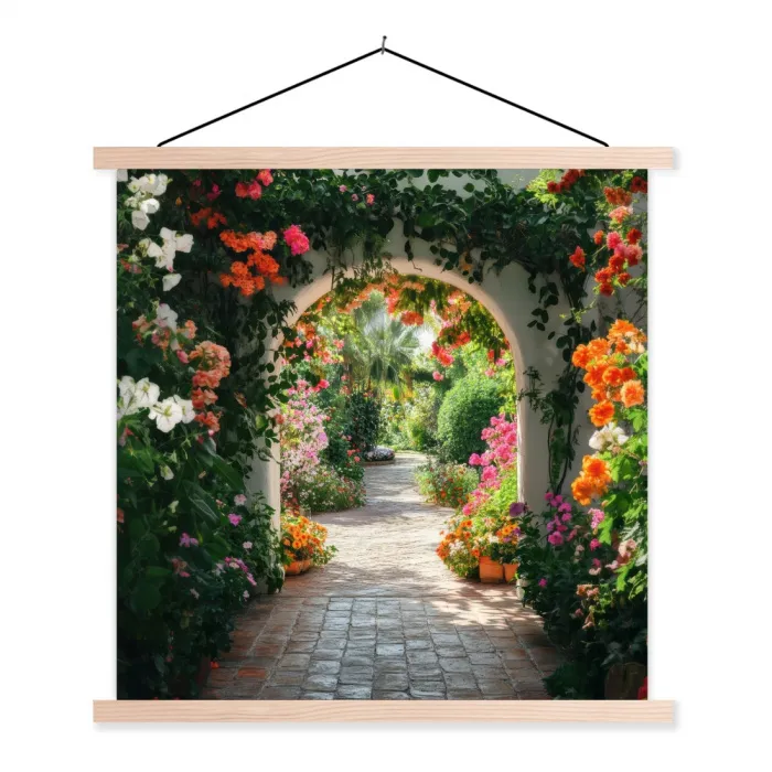Doorkijk - Bloemen - Natuur - Bloementuin textielposter latten blank klein -3d