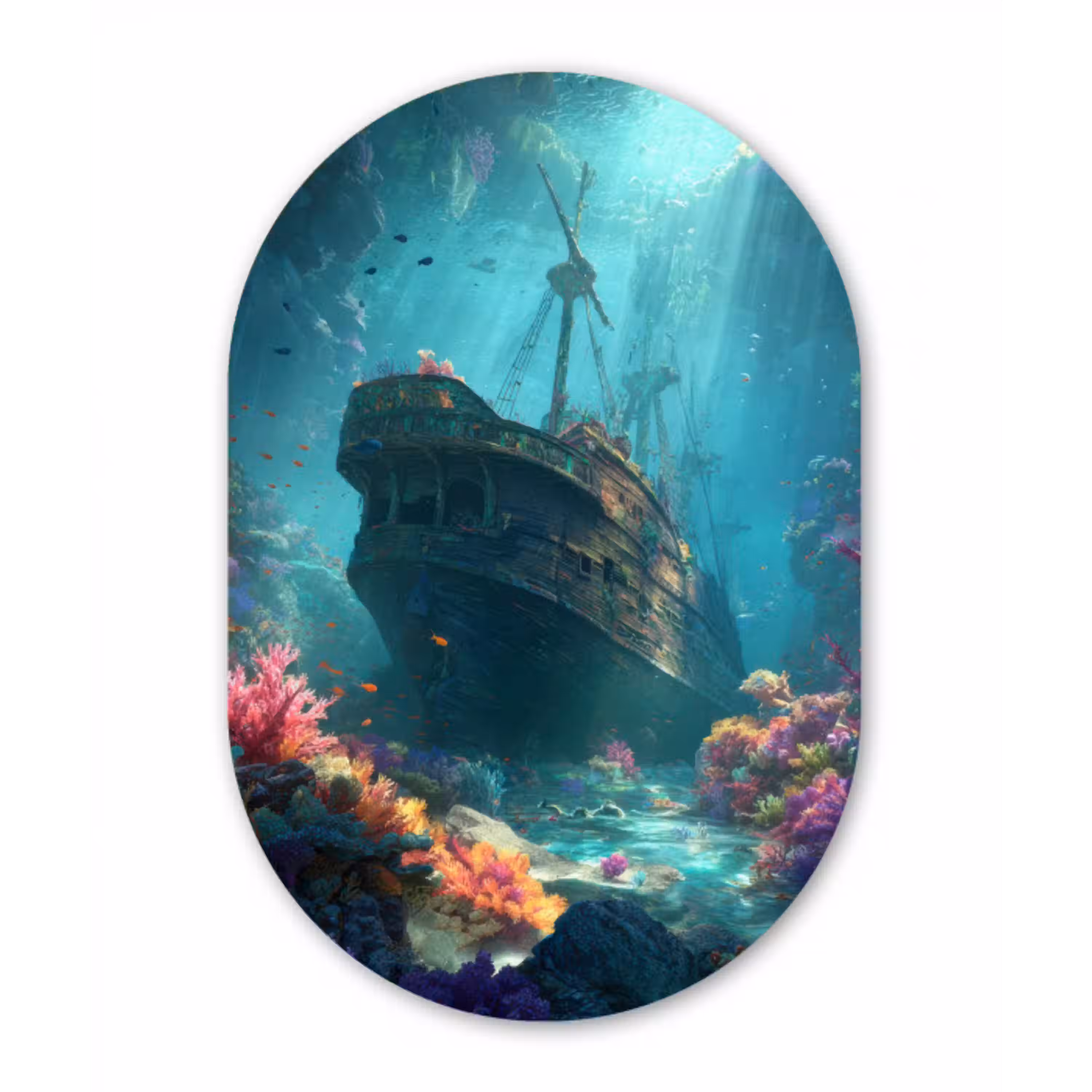 Schip - Hout - Koraalriffen - Zonlicht Wandcirkel Ovaal Glas middel -3d
