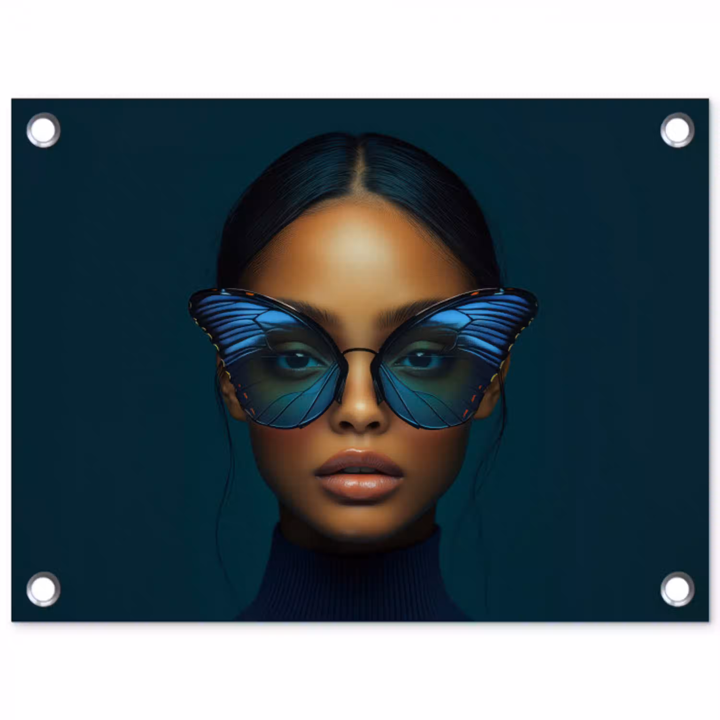 Vrouw - Vlinder - Bril - Blauw - Modern - Portret tuinposter los doek klein -3d