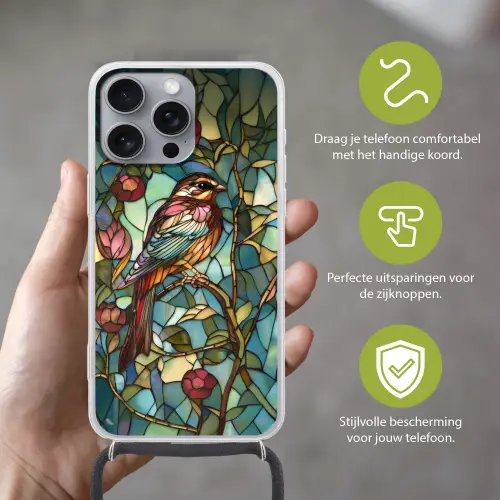 Vogel - Tak - Rozen - Mozaïek Hoesje iPhone 16 Pro Max met koord klein -sfeer2_NL