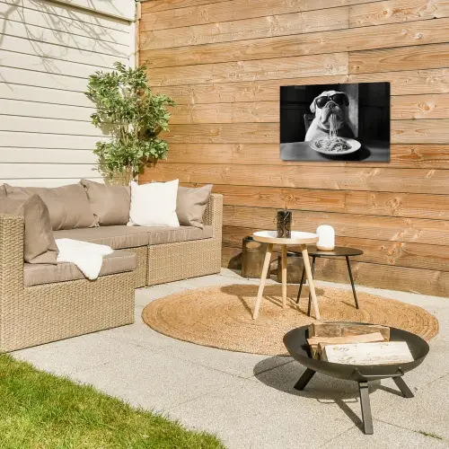 Hond - Bulldog - Pasta - Bril - Stoer - Dieren Tuinposter op houten frame 2 cm dik klein -sfeer2