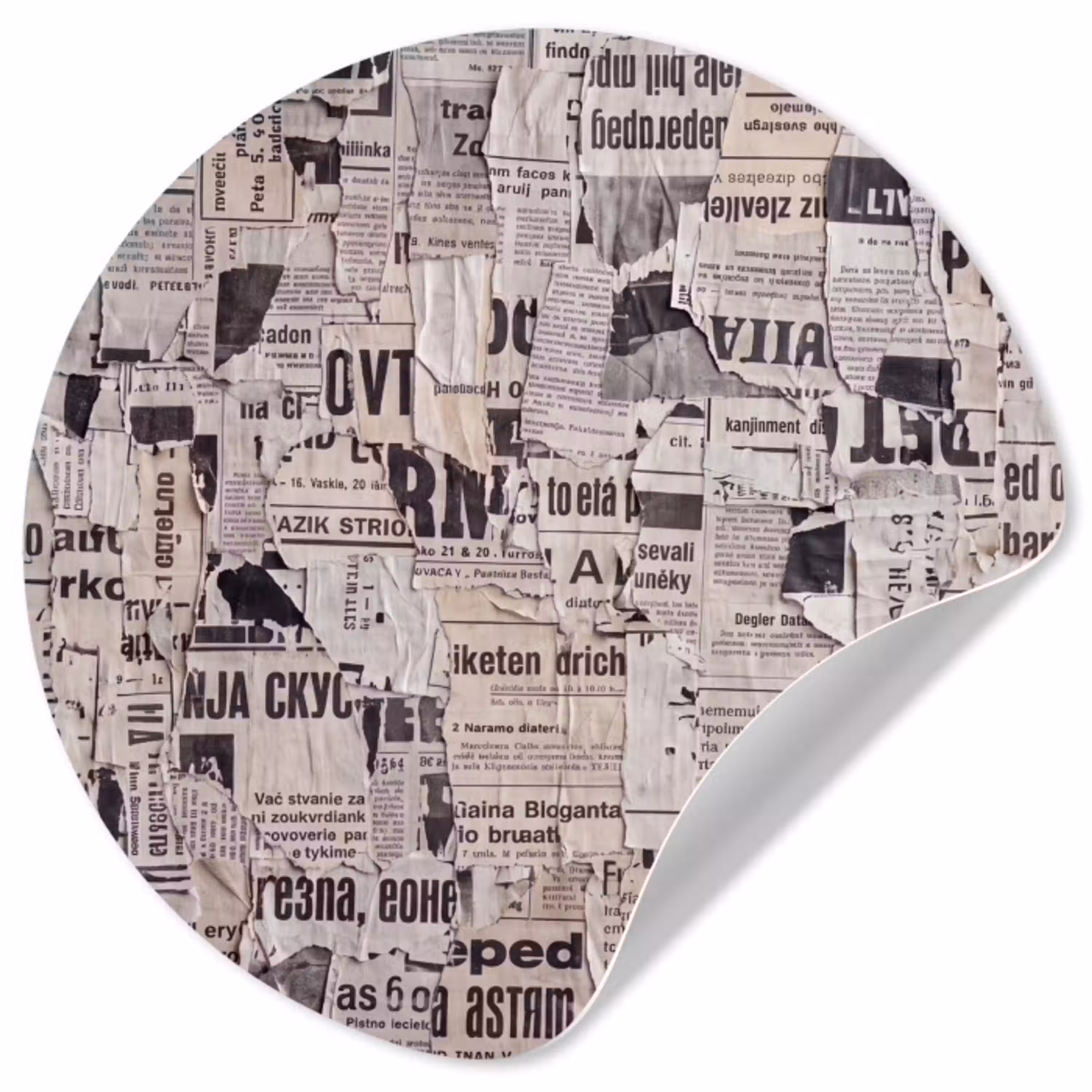 Krant - Gescheurd - Textuur - Abstract - Zwart-wit Wandcirkel behangsticker klein -3d