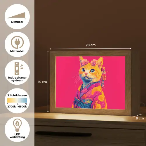 Kat - Kimono - Bloemen - Roze Light Box met kabel (Tafellamp) klein -USP_NL